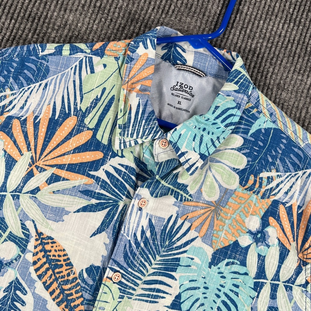 IZOD Shirt Mens XL Extra Large Blue Tropical Floral Short Sleeve Button Up